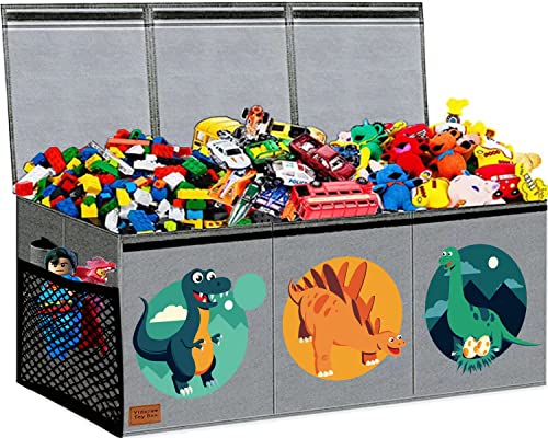 Toy Chest for Boys,Kids Toy Storage Bins,Toy Box for Boys,Collapsible toy organizers with Lid Handles,Removable Divider,Large Storage Containers for Playroom,Bedroom,Nursery,Dinosaur Pattern (grey)