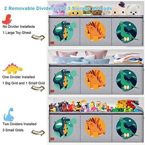 Toy Chest for Boys,Kids Toy Storage Bins,Toy Box for Boys,Collapsible toy organizers with Lid Handles,Removable Divider,Large Storage Containers for Playroom,Bedroom,Nursery,Dinosaur Pattern (grey)