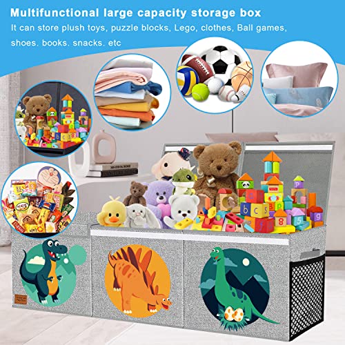 Toy Chest for Boys,Kids Toy Storage Bins,Toy Box for Boys,Collapsible toy organizers with Lid Handles,Removable Divider,Large Storage Containers for Playroom,Bedroom,Nursery,Dinosaur Pattern (grey)