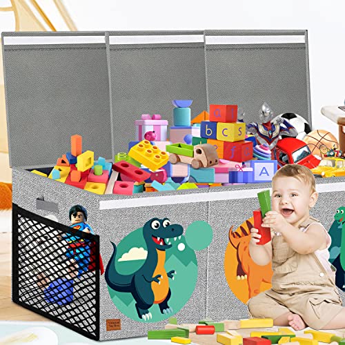 Toy Chest for Boys,Kids Toy Storage Bins,Toy Box for Boys,Collapsible toy organizers with Lid Handles,Removable Divider,Large Storage Containers for Playroom,Bedroom,Nursery,Dinosaur Pattern (grey)