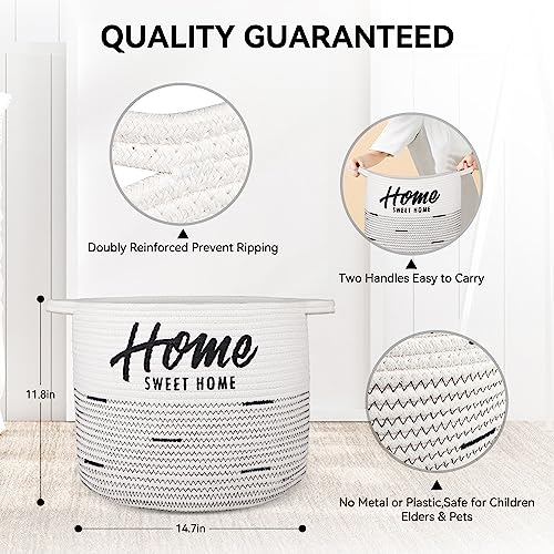 Vnkesno Large Woven Cotton Rope Storage Baby Basket White Laundry Clothes Hamper, Toy Storage Basket for Dog, Cat, Decorative Basket Blankets Organizing for Living Room, Laundry, Nursery-14.7" ×11.8"