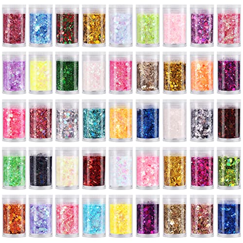 Chunky Fine Mixed Glitter,Set of 45 Colors,Holographic Glitter for Epoxy Resin DIY Craft,Nail Art,Face Eye Hair Make up,Iridescent Sequin Flake Chunky Glitter for Slime Jewelry Tumbler Making