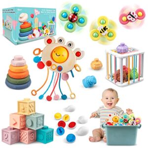 baby toys 6 to 12 months, montessori toy for toddlers 1-3, infant teething babies toy 6 in 1 stacking blocks rings pull string toy suction cup spinner toy matching eggs shape sorter sensory bin (a)