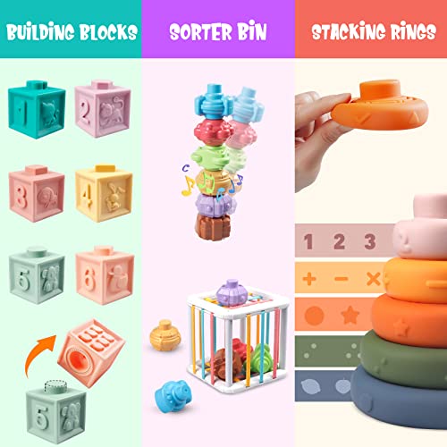 Baby Toys 6 to 12 Months, Montessori Toy for Toddlers 1-3, Infant Teething Babies Toy 6 in 1 Stacking Blocks Rings Pull String Toy Suction Cup Spinner Toy Matching Eggs Shape Sorter Sensory Bin (A)