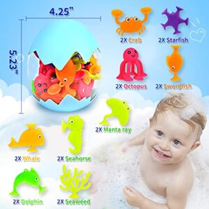 Suction Bath Toys for Kids, 18 Pcs Silicone Ocean Animal Suction Cup Toys with Eggshell & Bag, No Hole Mold Free Bath Toy, Sensory Window Building Toys for Toddlers Boys Girls 3 4 5 6 Year Old