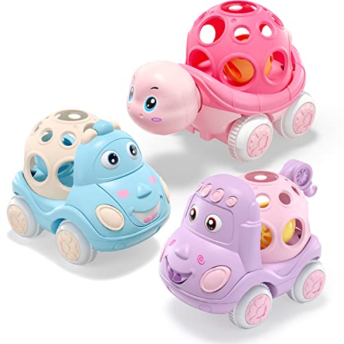 Baby Girl Toy Cars for Babies, Pink Car Toys for Baby Girls, Toy Car for Infant Toddler Girl, Push and Go Trucks Rattles Gifts for Toddlers, Soft Rattle and Roll Truck Wind Up Cars for Infants Gift