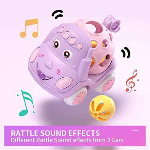 Baby Girl Toy Cars for Babies, Pink Car Toys for Baby Girls, Toy Car for Infant Toddler Girl, Push and Go Trucks Rattles Gifts for Toddlers, Soft Rattle and Roll Truck Wind Up Cars for Infants Gift