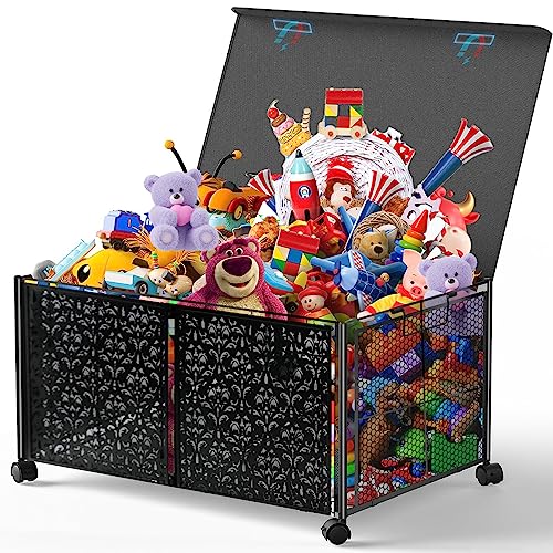 VSTM Toy Storage Box, Toy Chest Organizer for Girls Boys, Collapsible Extra Large Metal Toy Storage Bins with Wheels & Lid, Kids Toy Storage Containers Baskets for Playroom, Nursery (1 Pack, Black)