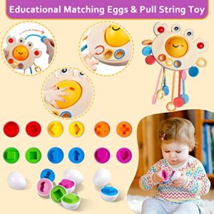 Baby Toys for 6 to 12 Months, Montessori Toys for Babies, Sensory Bins Toys for Toddlers 1-3, Pull String Teether Infants Bath Toys 6 in 1 Stacking Blocks Rings, Matching Eggs, Suction Cup Spinner Toy