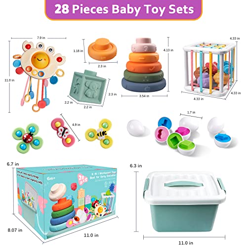 Baby Toys for 6 to 12 Months, Montessori Toys for Babies, Sensory Bins Toys for Toddlers 1-3, Pull String Teether Infants Bath Toys 6 in 1 Stacking Blocks Rings, Matching Eggs, Suction Cup Spinner Toy