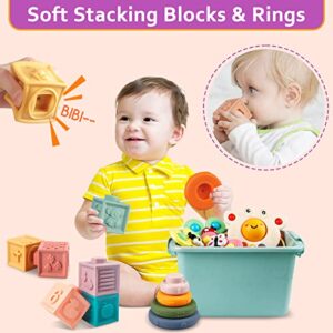 Baby Toys for 6 to 12 Months, Montessori Toys for Babies, Sensory Bins Toys for Toddlers 1-3, Pull String Teether Infants Bath Toys 6 in 1 Stacking Blocks Rings, Matching Eggs, Suction Cup Spinner Toy