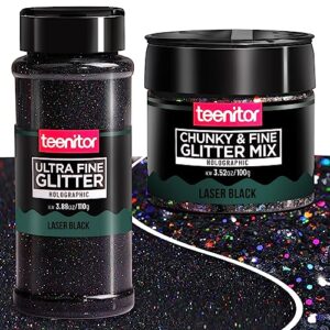 holographic ultra fine glitter and chunky glitter, teenitor craft glitters with 110g resin glitter powder sequins and 100g metallic iridescent chunky fine glitter, nail glitter,laser black