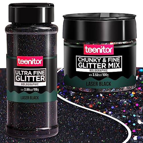 Holographic Ultra Fine Glitter and Chunky Glitter, Teenitor Craft Glitters with 110g Resin Glitter Powder Sequins and 100g Metallic Iridescent Chunky Fine Glitter, Nail Glitter,Laser Black