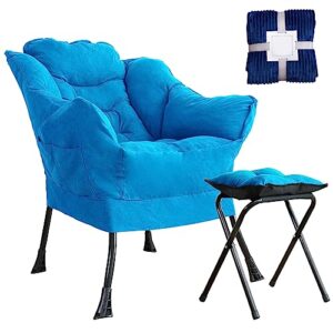 HIGOGOGO Modern Fabric Living Room Chair with Folding Footrest Stool, Sofa Chair with Portable Ottoman, Recliner Chair Steel Frame Leisure Bedroom Chair and Anti-Slip Footstool,Blue