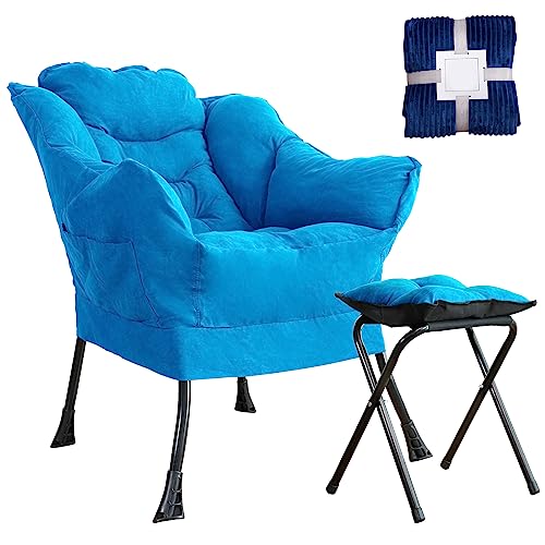 HIGOGOGO Modern Fabric Living Room Chair with Folding Footrest Stool, Sofa Chair with Portable Ottoman, Recliner Chair Steel Frame Leisure Bedroom Chair and Anti-Slip Footstool,Blue