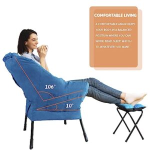 HIGOGOGO Modern Fabric Living Room Chair with Folding Footrest Stool, Sofa Chair with Portable Ottoman, Recliner Chair Steel Frame Leisure Bedroom Chair and Anti-Slip Footstool,Blue