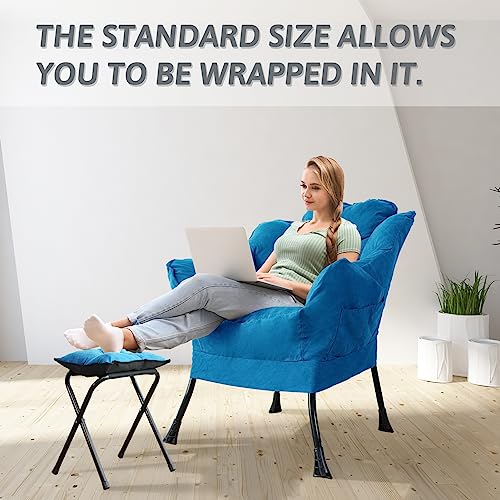 HIGOGOGO Modern Fabric Living Room Chair with Folding Footrest Stool, Sofa Chair with Portable Ottoman, Recliner Chair Steel Frame Leisure Bedroom Chair and Anti-Slip Footstool,Blue