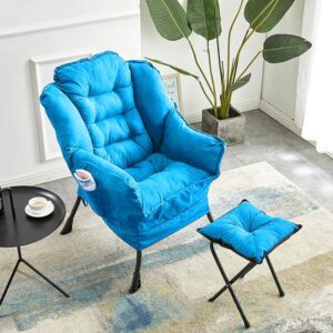 HIGOGOGO Modern Fabric Living Room Chair with Folding Footrest Stool, Sofa Chair with Portable Ottoman, Recliner Chair Steel Frame Leisure Bedroom Chair and Anti-Slip Footstool,Blue