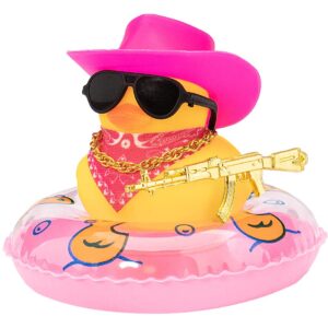wonuu car rubber duck decoration, west cowboy duck car dashboard decoration accessories with mini swim ring cowboy hat scarf and sunglasses(a_pink sunglass cowboy hat