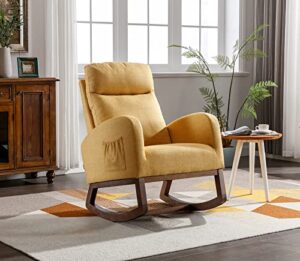 kinffict comfy rocking chair, upholstered accent glider rocker for baby nursery or relaxation, living room armchair with high back and headrest, modern rocking glider with side pocket, yellow