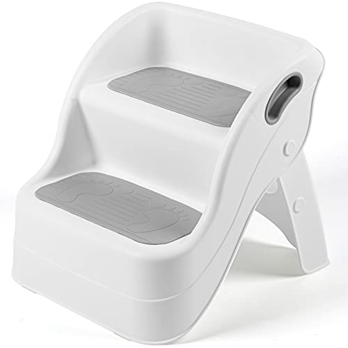 Geetery 2 Step Stool for Kids Toddler Step Stool with Handles and Slip Resistant Soft Grips for Bathroom Sink and Potty Training, Foldable and Integral Kitchen Stool Helper
