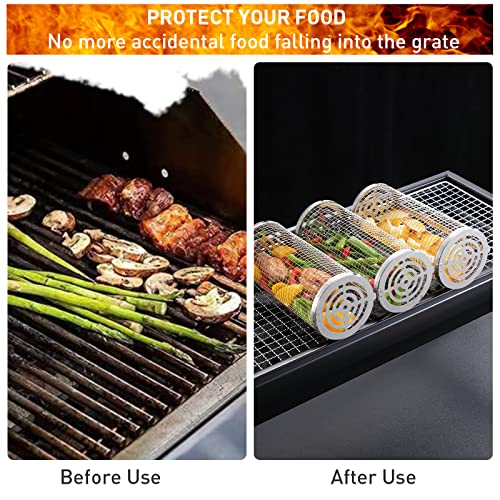 2Pcs Rolling Grilling Basket,Round Stainless Steel BBQ Grill Mesh,With Oven Mitts,Fork,Stainless steel brush and BBQ Grill Basket for Vegetables, French Fries, Fish,Meat