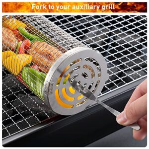 2Pcs Rolling Grilling Basket,Round Stainless Steel BBQ Grill Mesh,With Oven Mitts,Fork,Stainless steel brush and BBQ Grill Basket for Vegetables, French Fries, Fish,Meat