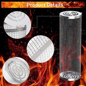 2Pcs Rolling Grilling Basket,Round Stainless Steel BBQ Grill Mesh,With Oven Mitts,Fork,Stainless steel brush and BBQ Grill Basket for Vegetables, French Fries, Fish,Meat