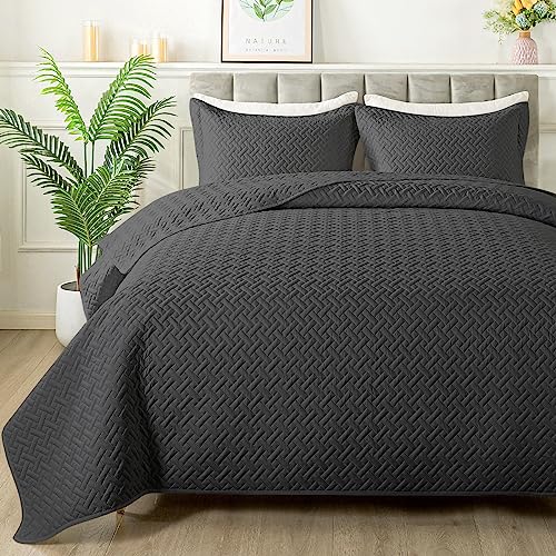 HYLEORY Quilt Set Full/Queen Size - Soft Lightweight Quilts Summer Quilted Bedspreads - Reversible Coverlet Bedding Set for All Season 3 Piece (1 Quilt, 2 Pillow Shams) - Dark Grey