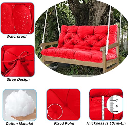 Replacement Cushions for Swing, Porch Swing Cushions with Backrest 2-3 Seater Waterproof Bench Pad Cushions Loveseat Cushions with Ties for Outdoor Patio Garden Furniture ( bright red 60*40in)