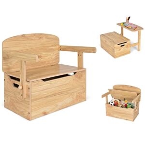 honey joy kids table and chair set, 3-in-1 convertible wooden toy storage bench with handle, toddler furniture set for daycare playroom, gift for boys girls 3+ (natural)