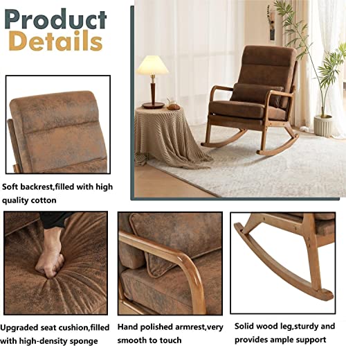 pazezog Rocking Chair,High Back Mid-Century Modern Accent Chair,Nursery Rocking Chair with Wooden Armrest,Upholstered Glider Rocker with Lumbar Pillow for Living Room