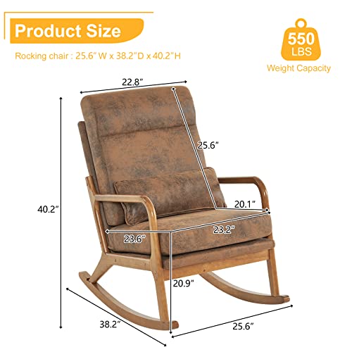 pazezog Rocking Chair,High Back Mid-Century Modern Accent Chair,Nursery Rocking Chair with Wooden Armrest,Upholstered Glider Rocker with Lumbar Pillow for Living Room