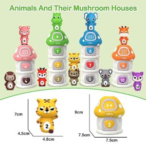 Learning Toddler Toys for 1 2 3 Year Old, 20 Pcs Farm Animal for Toddlers 1-3 3-5 with Farm Animal Mushroom House & Finger Puppets, Counting, Color Matching, Sorting & Stacking Baby Toys Kids Toys