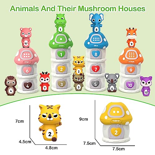 Learning Toddler Toys for 1 2 3 Year Old, 20 Pcs Farm Animal for Toddlers 1-3 3-5 with Farm Animal Mushroom House & Finger Puppets, Counting, Color Matching, Sorting & Stacking Baby Toys Kids Toys