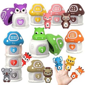 learning toddler toys for 1 2 3 year old, 20 pcs farm animal for toddlers 1-3 3-5 with farm animal mushroom house & finger puppets, counting, color matching, sorting & stacking baby toys kids toys