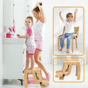 Toddler Step Stool, Wooden Folding Toddler Step Stool, Two Step Kids Step Stool, Transformable Toddler Chair Kitchen Step Stool, Foldable Toddler Step Stool for Bathroom Sink, Small Toddler Step Stool