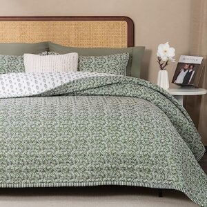 evergrace floral printed quilt comforter set queen size, 3 pieces (1 reversible quilt bedding set, 2 pillow shams), microfiber lightweight coverlet bedspread for all seasons, sage green, 92"x96"
