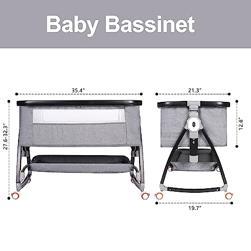 Baby Bassinet Bedside Sleeper, Bedside Bassinet for Newborn Infant with Comfy Mattress and Mosquito Net, 6 height adjustment Bedside Crib with 360° Swivel Wheels, Bassinet Sleeper with Storage Basket
