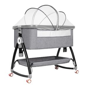 Baby Bassinet Bedside Sleeper, Bedside Bassinet for Newborn Infant with Comfy Mattress and Mosquito Net, 6 height adjustment Bedside Crib with 360° Swivel Wheels, Bassinet Sleeper with Storage Basket