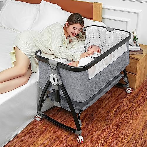 Baby Bassinet Bedside Sleeper, Bedside Bassinet for Newborn Infant with Comfy Mattress and Mosquito Net, 6 height adjustment Bedside Crib with 360° Swivel Wheels, Bassinet Sleeper with Storage Basket