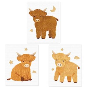 eunikroko highland cattle nursery wall art decor scottish animal farm calf hanging picture watercolor cow new mom gifts for baby boys and girls room bedroom 8 x 10 inch (no frame included) set of 3