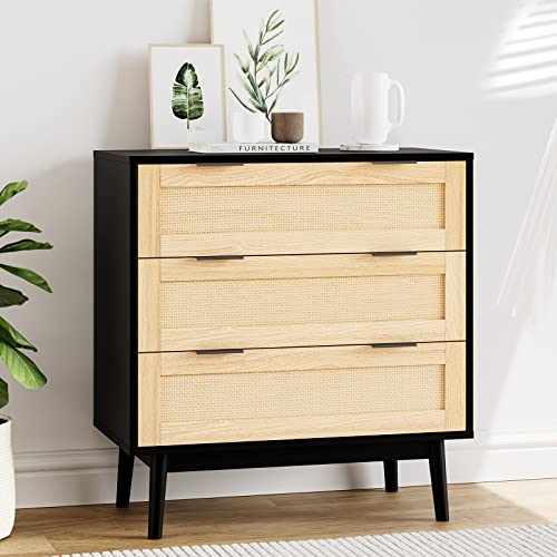 3 Drawer Dresser for Bedroom, Chests of Drawers, Black Dresser Organizer for Closet, Modern Dresser and Nightstand Sets, Rattan Storage Drawer, Living Room, Hallway, Entryway (Wood)