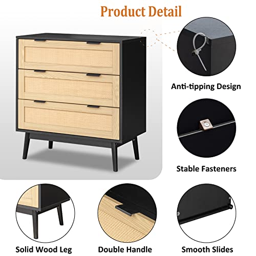 3 Drawer Dresser for Bedroom, Chests of Drawers, Black Dresser Organizer for Closet, Modern Dresser and Nightstand Sets, Rattan Storage Drawer, Living Room, Hallway, Entryway (Wood)