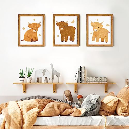 Eunikroko Baby Highland Cattle Nursery Wall Art Decor Scottish Animal Farm Calf Hanging Picture Watercolor Furry Cow New Mom Gifts for Baby Boys and Girls Room Bedroom 8 x 10 inch (Framed) Set of 3