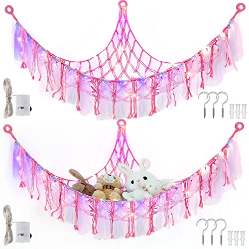 Windyun 2 Pcs Stuffed Animal Storage Hammock or Net with LED Light Stuffed Hanging Toy Hammock Mesh Organizer Holder Doll Room Corner for Kids Room Nursery Playroom Bedroom, Pink