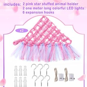 Windyun 2 Pcs Stuffed Animal Storage Hammock or Net with LED Light Stuffed Hanging Toy Hammock Mesh Organizer Holder Doll Room Corner for Kids Room Nursery Playroom Bedroom, Pink