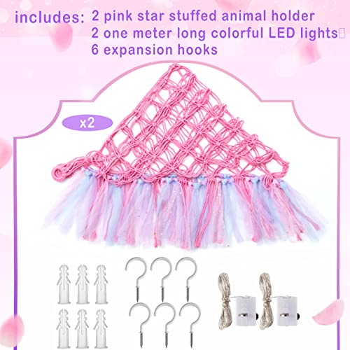 Windyun 2 Pcs Stuffed Animal Storage Hammock or Net with LED Light Stuffed Hanging Toy Hammock Mesh Organizer Holder Doll Room Corner for Kids Room Nursery Playroom Bedroom, Pink