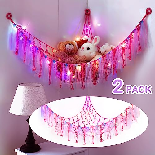 Windyun 2 Pcs Stuffed Animal Storage Hammock or Net with LED Light Stuffed Hanging Toy Hammock Mesh Organizer Holder Doll Room Corner for Kids Room Nursery Playroom Bedroom, Pink