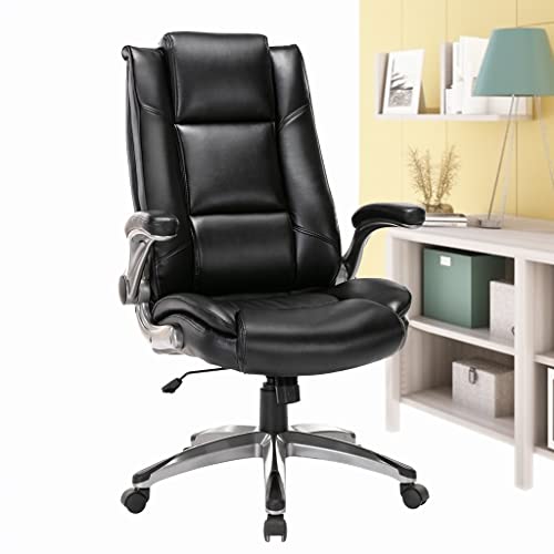 COLAMY Office Chair High Back Executive Leather Desk Chair, Ergonomic Flip Arms Adjustable Swivel Thick Padding Home Office - Black